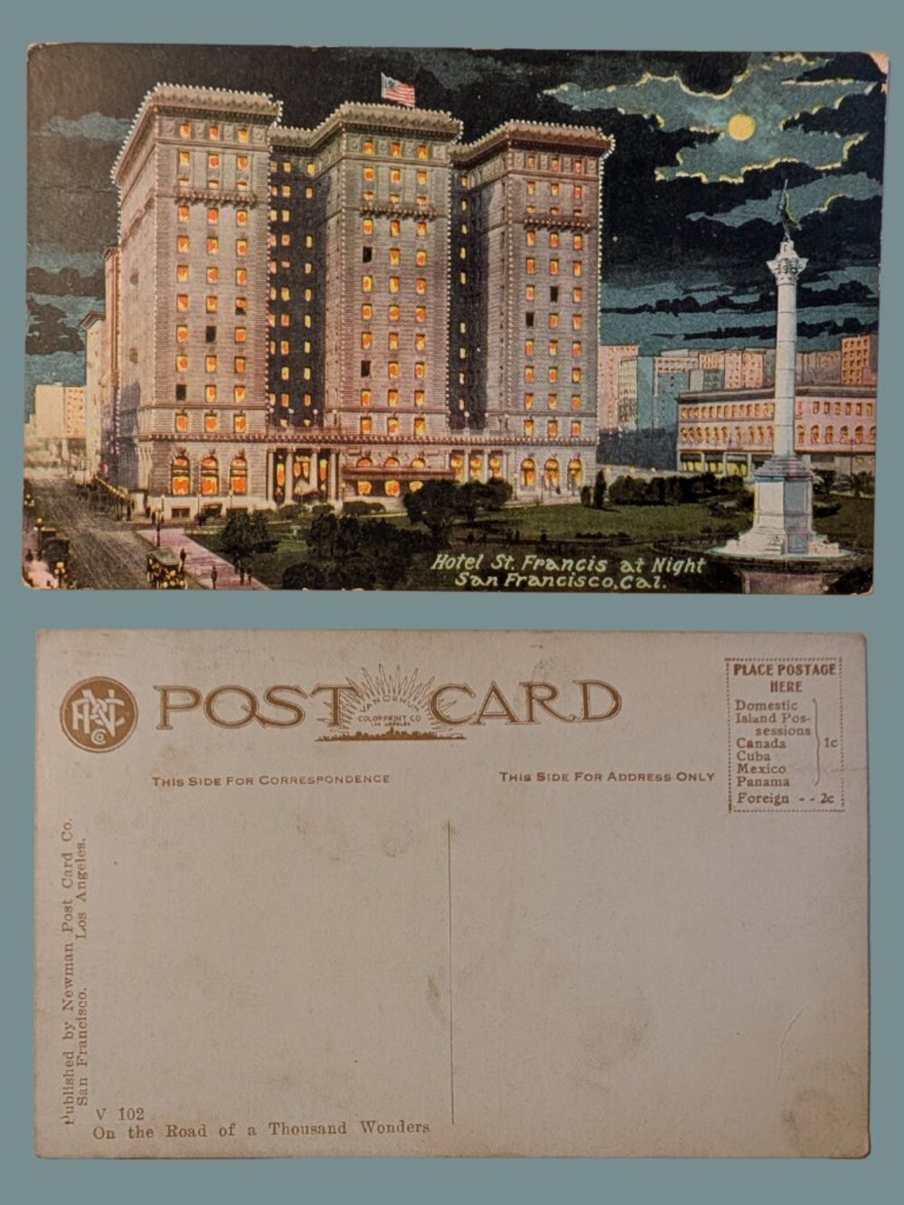 10/$25 Vintage Blank Hotel St Francis at Night San Francisco California Postcard